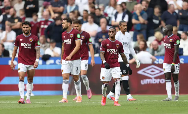Dejection for West Ham United after going one nil down during the Premier League match between West Ham United and Crystal Palace at London Stadium on September 20, 2025 in London, England.