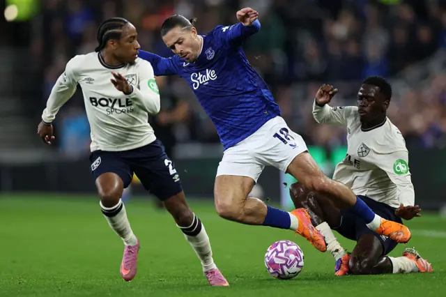 West Ham United's French midfielder #27 Soungoutou Magassa (R) fouls Everton's English midfielder #18 Jack Grealish