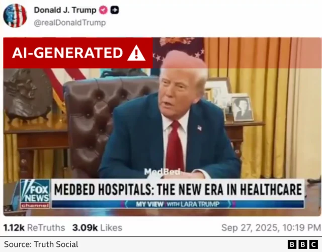 A screenshot from Trump's Truth Social post with a label marking it as AI-generated
