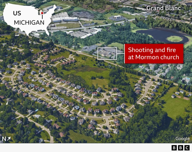 Map shows the town of Grand Blanc from an aerial view. You can see lots of greenery and roofs of houses. In the middle of the map there is a square highlighting the location of the Mormon church, with a label pointing to it that states: ‘Shooting and fire at Mormon church’. There is also a locator on top of the image to show where Michigan is in the United States.