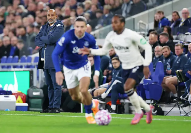 Nuno Espirito Santo, Manager of West Ham United, looks on during the Premier League match between Everton and West Ham United at Hill Dickinson Stadium on September 29, 2025 in Liverpool, England.