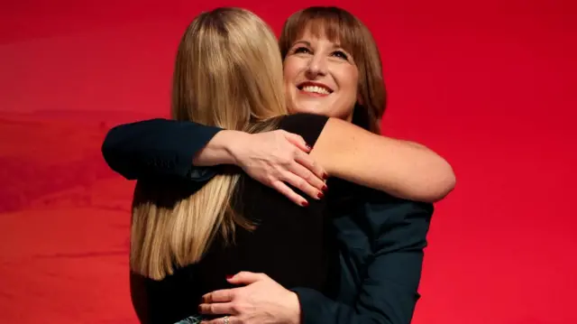 Reeves hugging her sister Ellie on the Labour Party conference stage