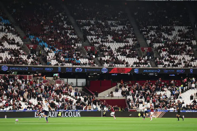 Empty seats are seen in the stadium during the Premier League match between West Ham United and Tottenham Hotspur at London Stadium on September 13, 2025 in London, England.