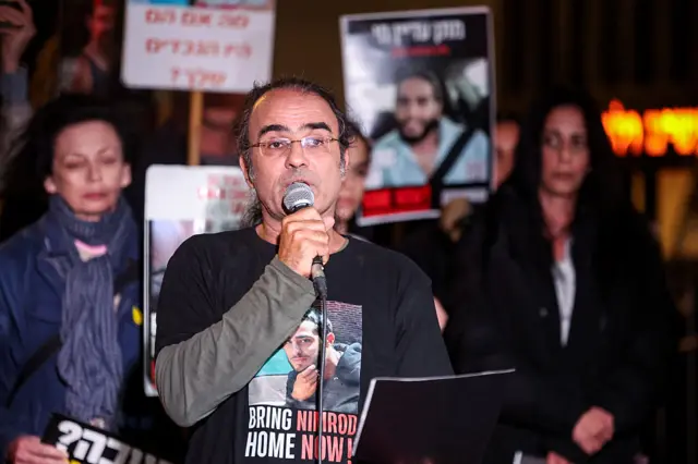 Yehuda Cohen, father of Israeli soldier Nimrod Cohen, speaks at a rally in Tel Aviv in December 2024