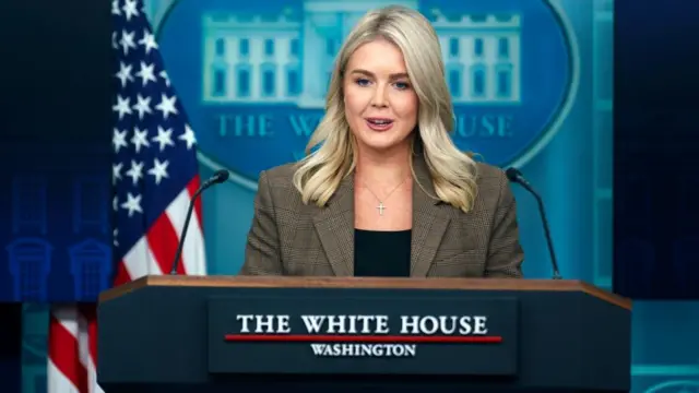 Karoline Leavitt in a brown check jacket and a black t-shirt behind a podium that says The White House. She is speaking into a microphone with a US flag behind her and a sign that says The White House with a drawing of the building.