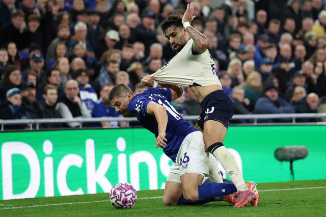Everton's Ukrainian defender #16 Vitaliy Mykolenko fouls West Ham United's Brazilian midfielder #10 Lucas Paqueta