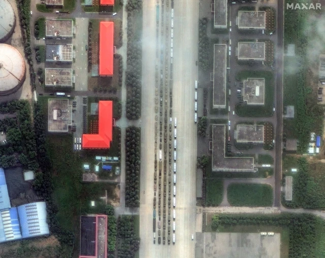 Satellite imagery of military vehicles in formation