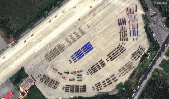 Satellite imagery of military vehicles in formation