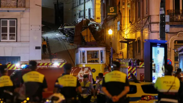 Police stand around the scene of the wrecked funicular.