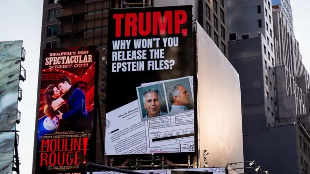 A billboard in Times Square, New York, in July, saying "Trump why won't you release the Epstein files"