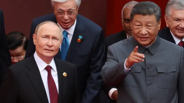 Russian President Vladimir Putin, Kazakh President Kassym-Jomart Tokayev, Chinese President Xi Jinping