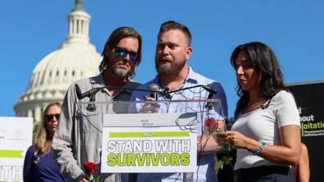 Sky Roberts, brother of Jeffrey Epstein's late victim Virginia Giuffre, speaking at today's rally before the news conference in Washington DC
