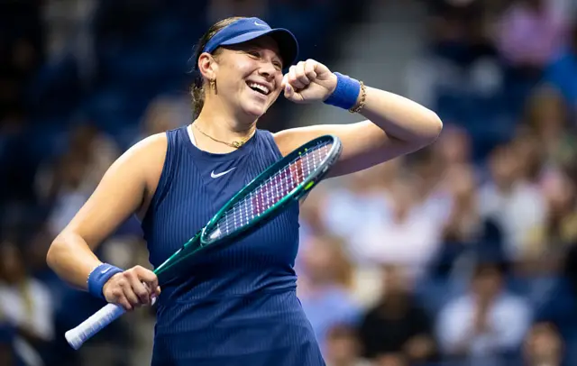 Amanda Anisimova celebrates victory at the US Open in New York