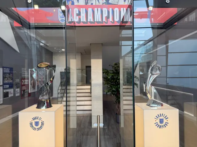 The European trophies won by the Lionesses and the England U21s on display