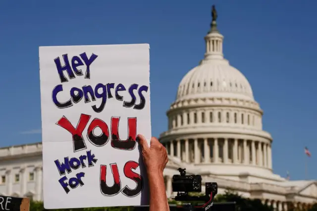 A supporter holding a sign saying "hey Congress you work for us"