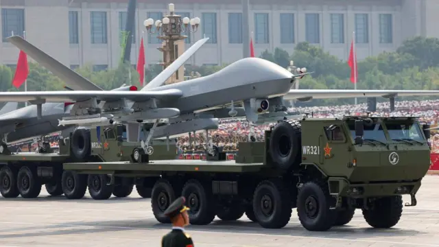 Unmanned aerial vehicles are displayed during a military parade