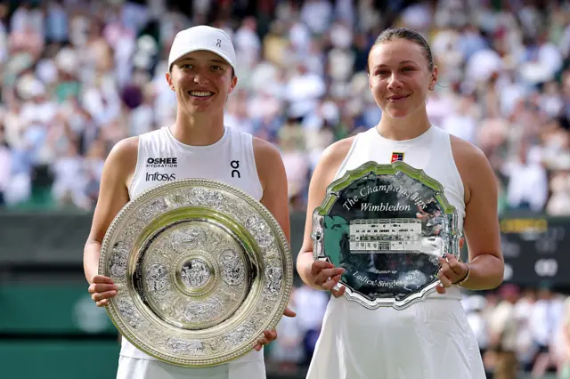 Amanda Anisimova and Iga Swiatek holding their respective trophies at Wimbledon