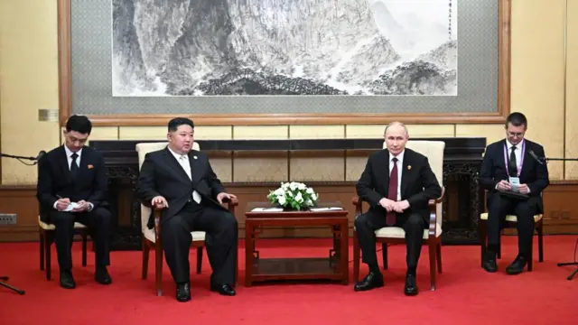 Description Russian President Vladimir Putin and North Korean leader Kim Jong Un attend a meeting in Beijing, China September 3, 2025.