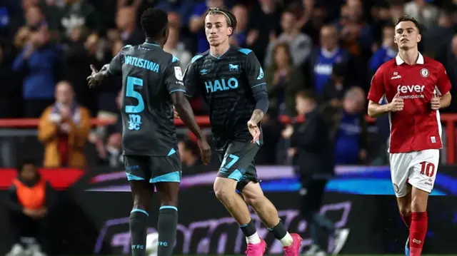 Ipswich's Jack Clarke celebrates after scoring from the penalty spot