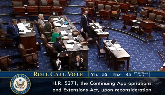 Screen with roll call vote tally: Yea - 55 and Nay - 45