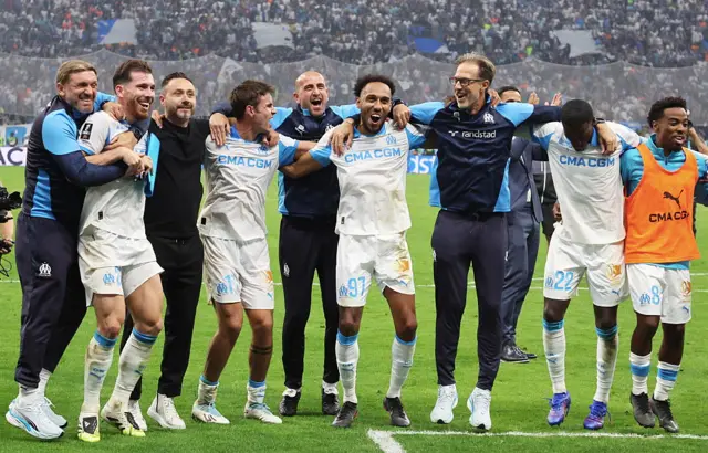 Marseille players celebrate their win over PSG