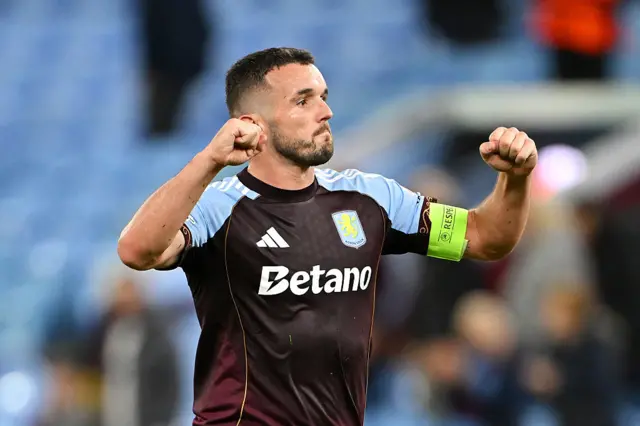 Aston Villa's John McGinn celebrates after scoring in a win over Bologna in the Europa League
