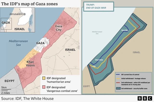 Composite image showing the IDF's map of Gaza zones and a map White House published