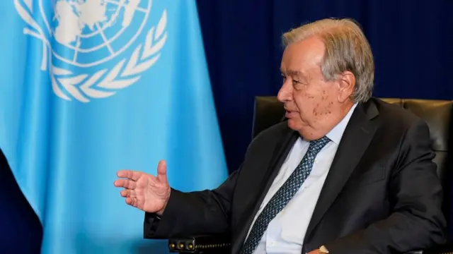 United Nations Secretary-General Antonio Guterres gestures as he meets with U.S. President Donald Trump (not pictured)