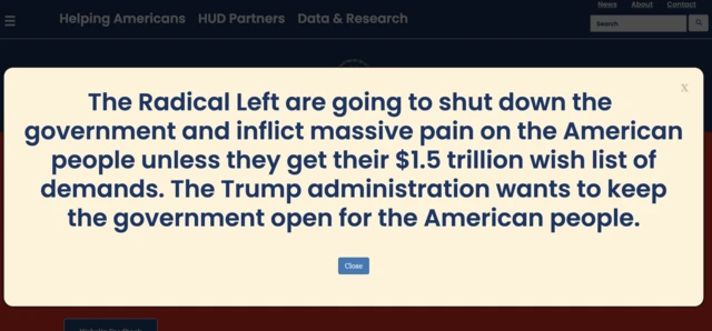 Screenshot image of the message that appears on HUD's website