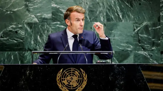 French President Emmanuel Macron addresses the 80th United Nations General Assembly at U.N