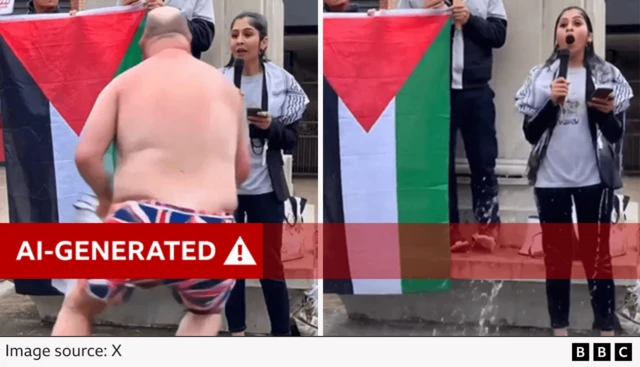 A BBC-annotated graphic showing two frames from the AI fake with the label AI-generated