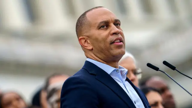 US House Minority Leader Hakeem Jeffries speaks to the media on the steps of the House of Representatives at the US Capitol, Washington