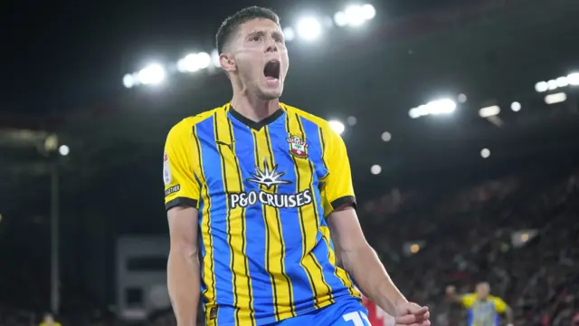 Southampton goalscorer Ross Stewart screams in celebration