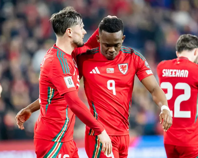 Rabbi Matondo and Liam Cullen celebrate against Kazakhstan in March