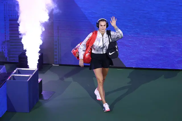 Belarus's Aryna Sabalenka waves