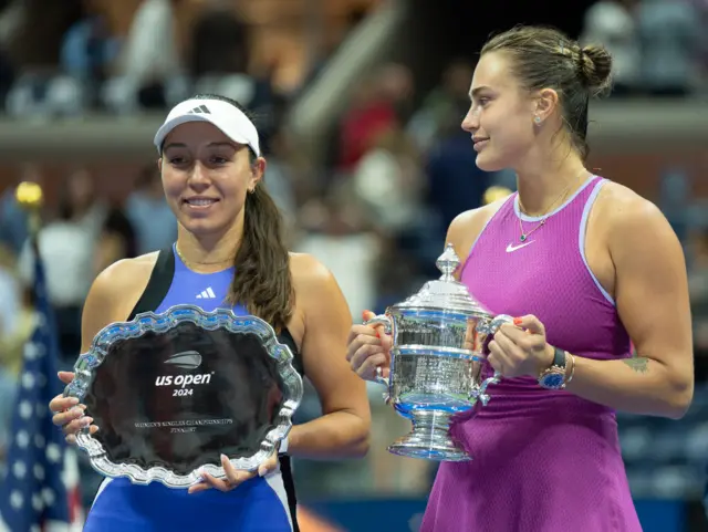 Jessica Pegula and Aryna Sabalenka with their respective trophies at the 2024 US Open
