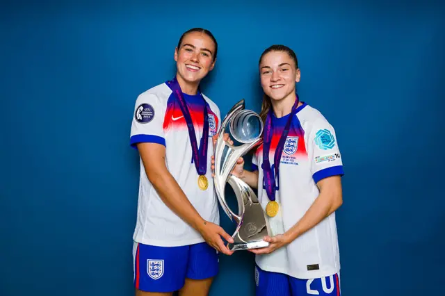 Grace Clinton and Jess Park pose with the Euros trophy
