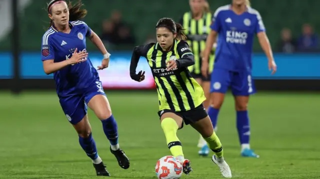 Yui Hasegawa of Manchester City controls the ball during the Perth International Football Cup match between Manchester City and Leicester City at HBF Park