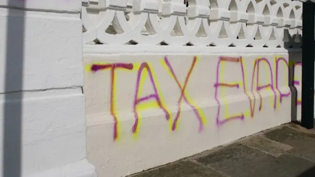 Graffiti daubed outside the apartment building in Hove, East Sussex, where Deputy Prime Minister Angela Rayner owns a second home. P