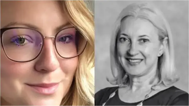 Melissa Burr, 32, has blonde hair and spectacles as she looks towards the camera. Catherine Finnegan, 56, is sat upright smiling towards a camera in a black and white photo