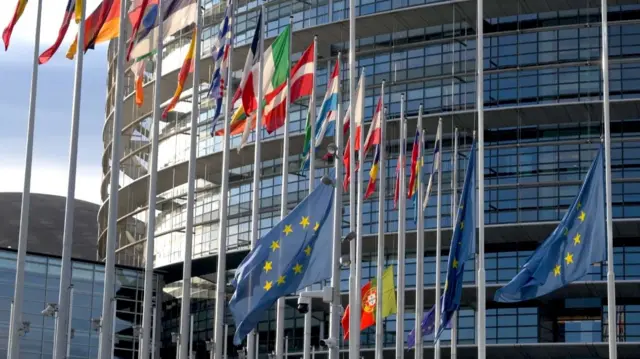 The European Parliament building. It is a round building with lots of windows. There are several flags outside, all flying at half-mast.