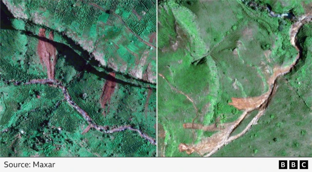 Two satellite images of small landslides