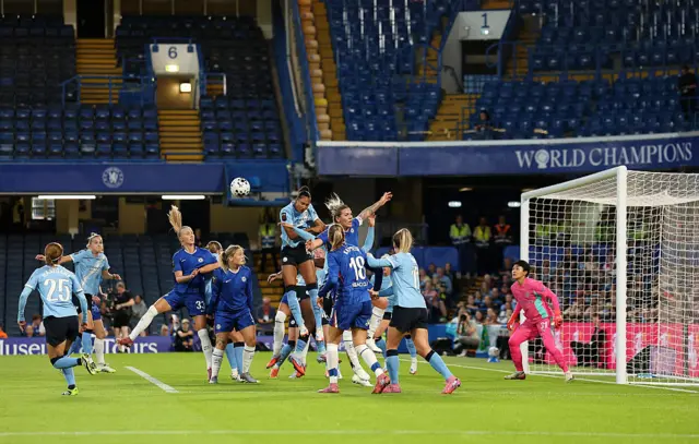 Jade Rose of Manchester City contends for the aerial ball with Millie Bright of Chelsea during the Barclays Women's Super League match between Chelsea FC and Manchester City at Stamford Bridge on September 05, 2025 in London, England.