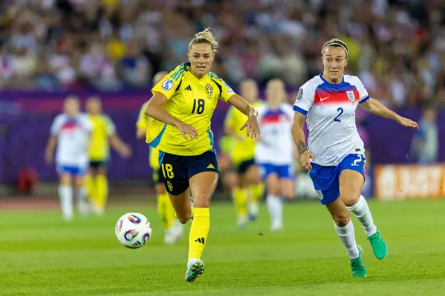 Fridolina Rolfo runs past Lucy Bronze during the Euros