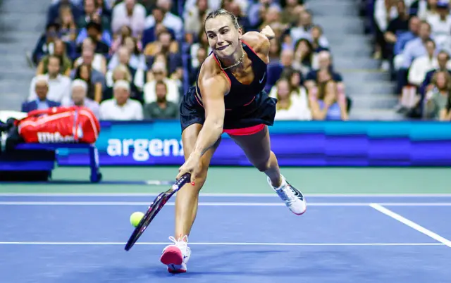 Belarus's Aryna Sabalenka plays a backhand return