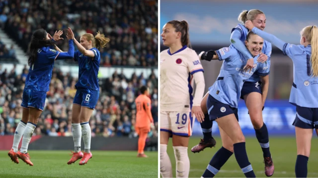 Chelsea celebrate scoring in the league cup/ City celebrate a UWCL goal