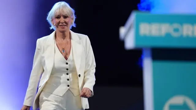 Former high-profile Conservative Nadine Dorries, who defected to Reform UK on the eve of its party conference, speaks during the party's annual conference at the National Exhibition Centre in Birmingham