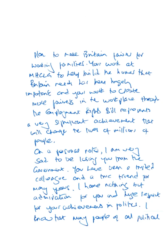 Starmer's handwritten letter to his former Deputy Prime Minister Angela Rayner
