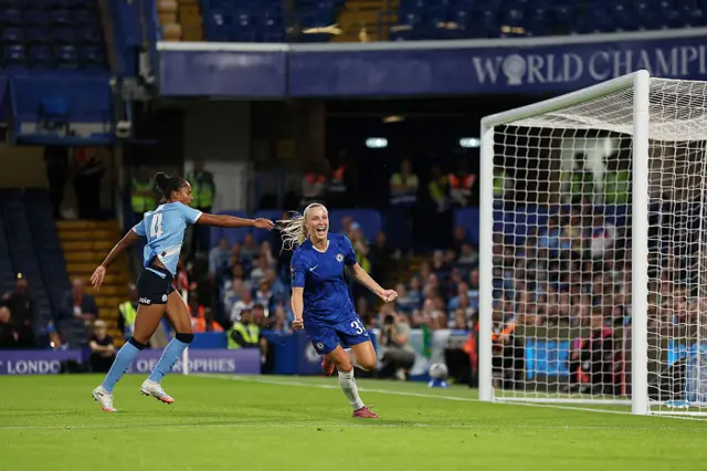 Aggie Beever-Jones of Chelsea celebrates scoring her team's first goal during the Barclays Women's Super League match between Chelsea FC and Manchester City at Stamford Bridge