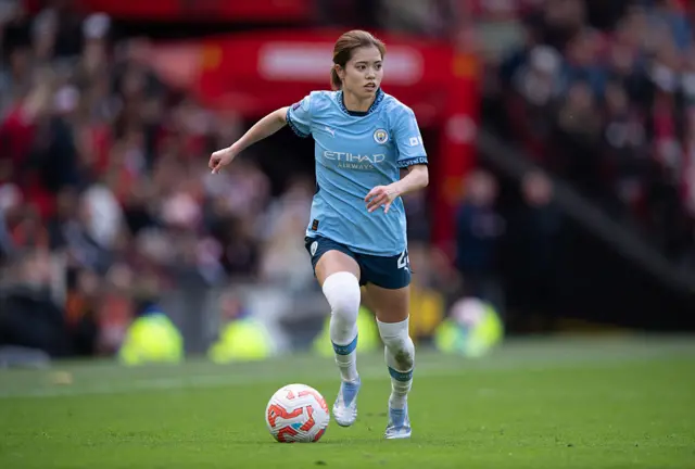Yui Hasegawa of Manchester City in action during the Barclays Women's Super League match between Manchester United and Manchester City at Old Trafford on May 04, 2025 in Manchester, England.